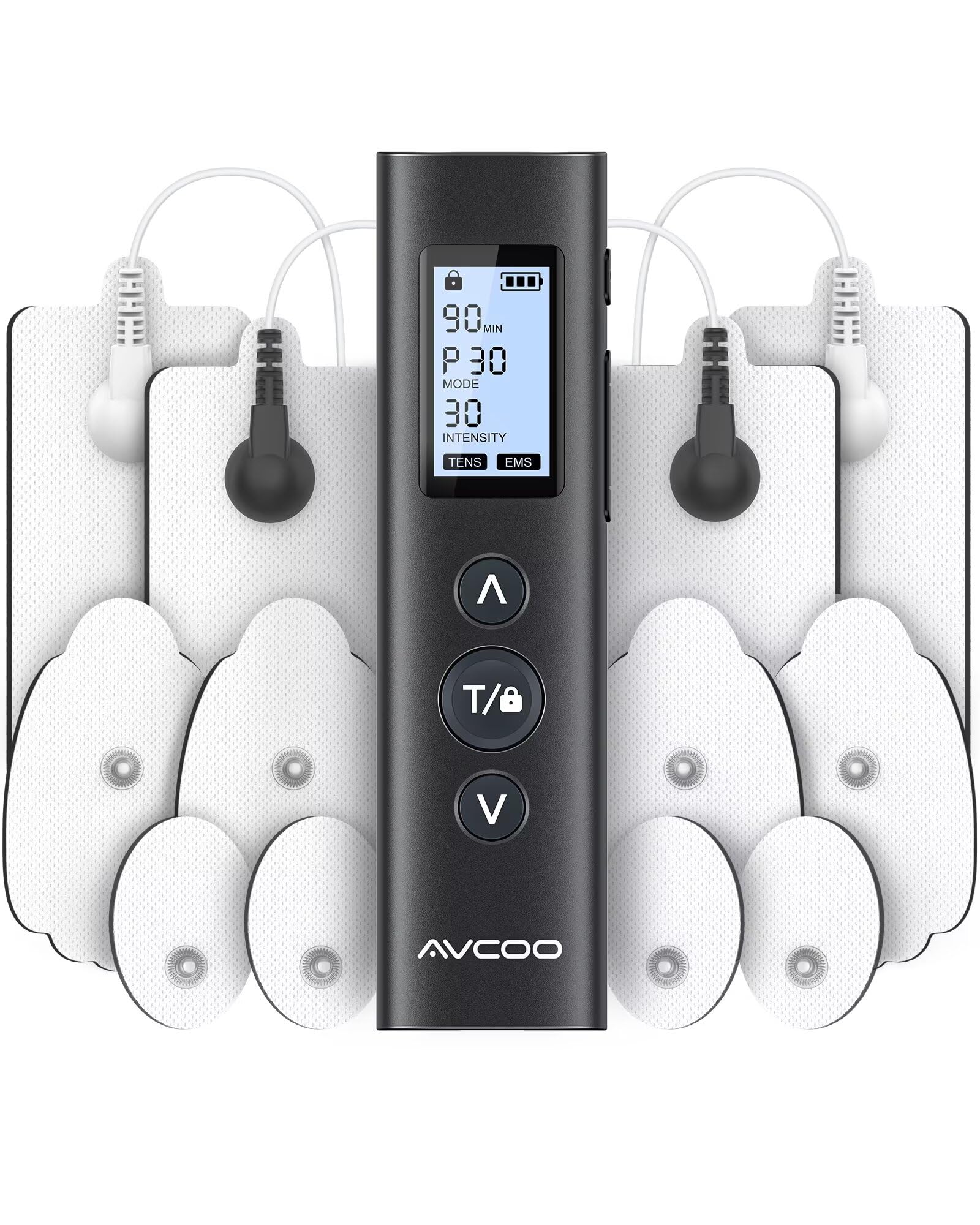 Photo 1 of AVCOO 30 Modes TENS EMS Unit Compact Muscle Stimulator for Pain Relief of Back, Shoulder, Neck, Rechargeable & Portable Dual Channel EMS Muscle Stimulator with 30 Intensity Levels, 12 Electrode Pads