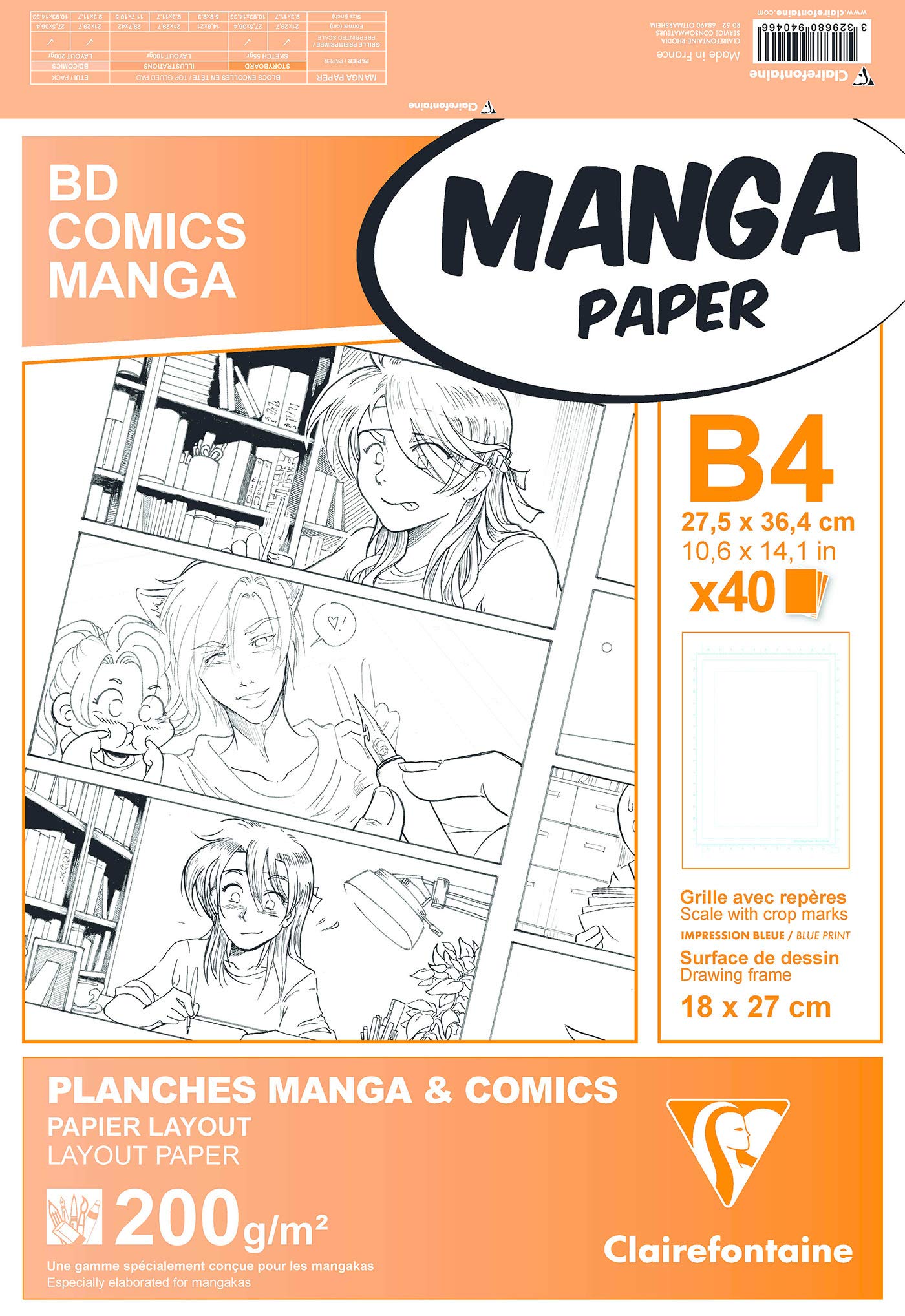Clairefontaine - Ref 94046C - Manga Multi-Technique Paper With Simple Frame (40 Sheets) - B4 (27.5x37.4cm) Size, 200gsm Paper, White & Smooth, Ideal for Markers, Bleedproof