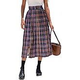 Women's A-Line Midi Pleated Skirt Summer High Waist Tartan Skirt with Two Side Slits Purple
