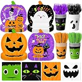 Halloween Plates and Napkins Party Supplies, 144Pcs Disposable Dinnerware Set Pumpkins Ghost Paper Plates, Napkins, Cups, Forks for Spooky Halloween Birthday Party Decorations, Serves 24 Guests