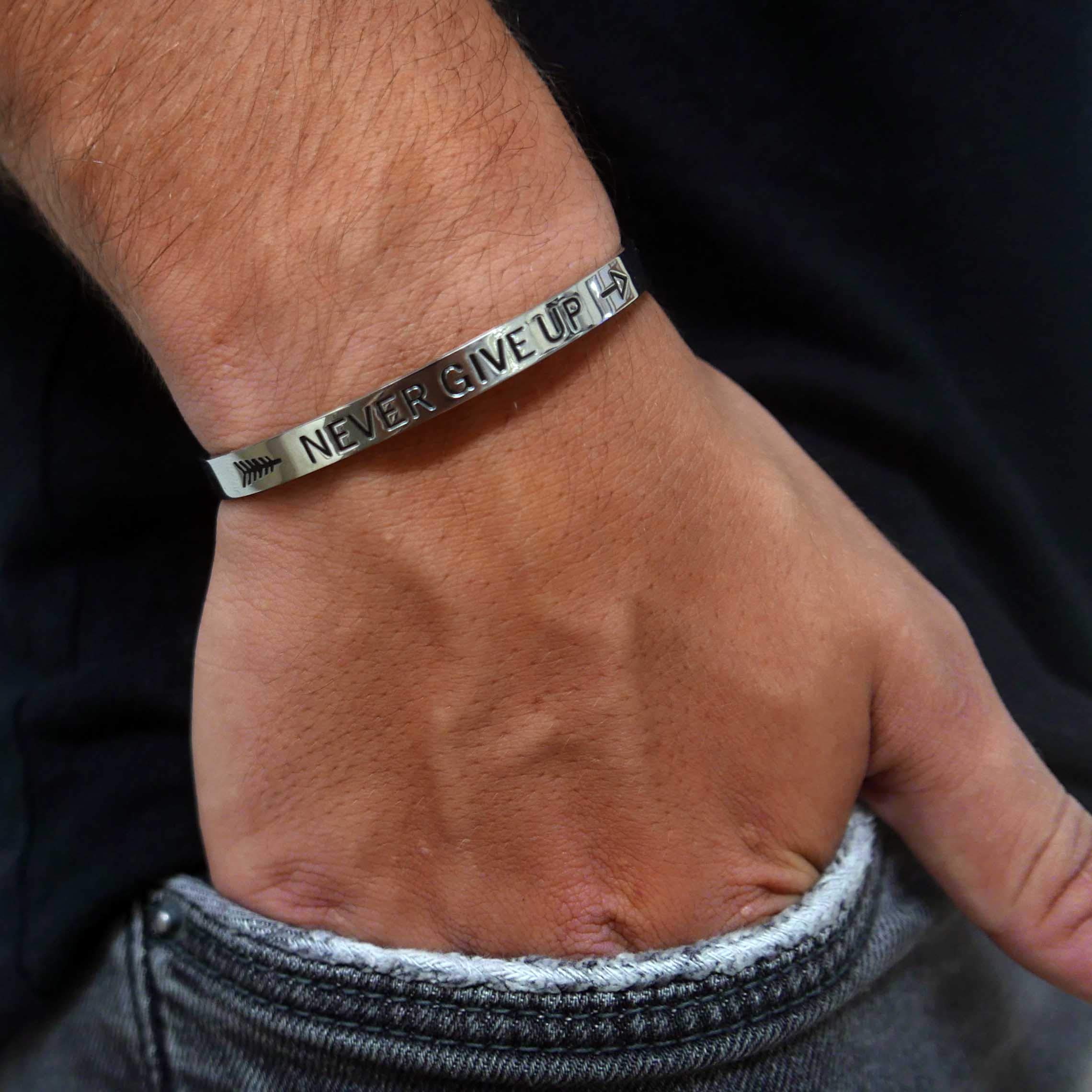 Silver Engraved Bracelet for Him & Her - Adjustable Open Bangle - Inspiration Cuff Jewelry (6.5, I Can & I Will)