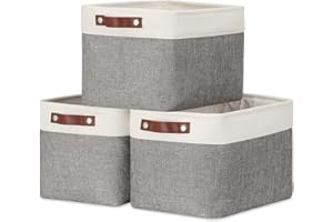 DULLEMELO Storage Baskets for Organizing, Rectangular Fabric Storage Bins Collapsible, Perfect for Shelves, Closets, Empty Gift Baskets (3-Pack Medium-15 inch X 11 inch X 9.5 inch , White&Grey)