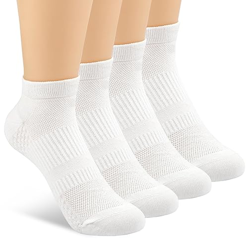 4 Pairs Running Socks,White Ankle Socks Women,Anti Blister Quarter Sock with Foot Support,Moisture Wicking Cotton Sports Sock with Foot Support for Women Men Sports Trainer Walking Running Daily Use