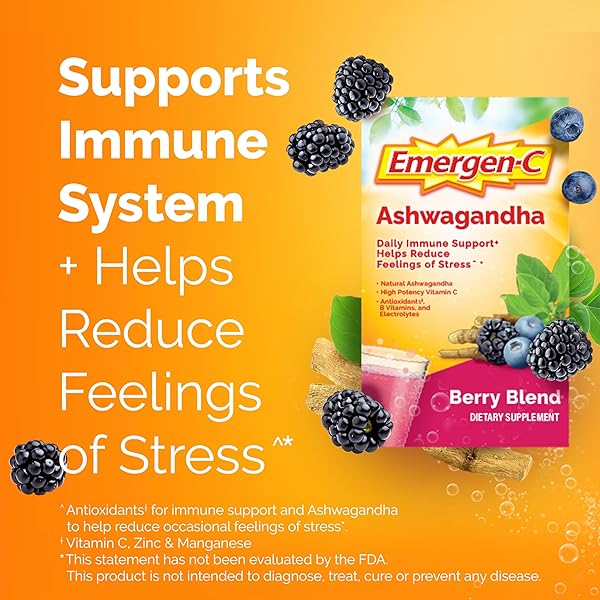 EMERGEN-C VITAMIN C ASHWAGANDHA DRINK MIX, DIETARY SUPPLEMENT FOR IMMUNE SUPPORT, BERRY BLEND – 18 COUNT