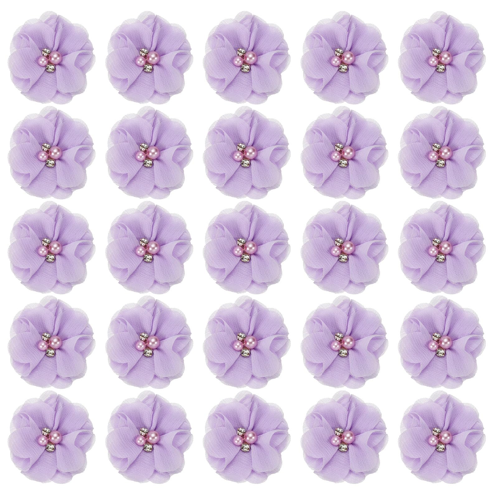 PATIKIL 2" Chiffon Flowers, 30Pcs Fabric Flowers Sewing Appliques Embellishments with Rhinestone Pearl for DIY Crafts Wedding Headbands Party Decoration, Purple