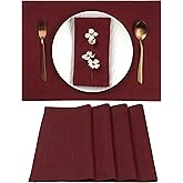 D'Moksha Homes Linen Placemats 14 x 19 Inch - Dark Red Placemats Set of 4-100% Pure Linen Table Place Mats for Mothers Day, Spring - Handcrafted and Machine Washable