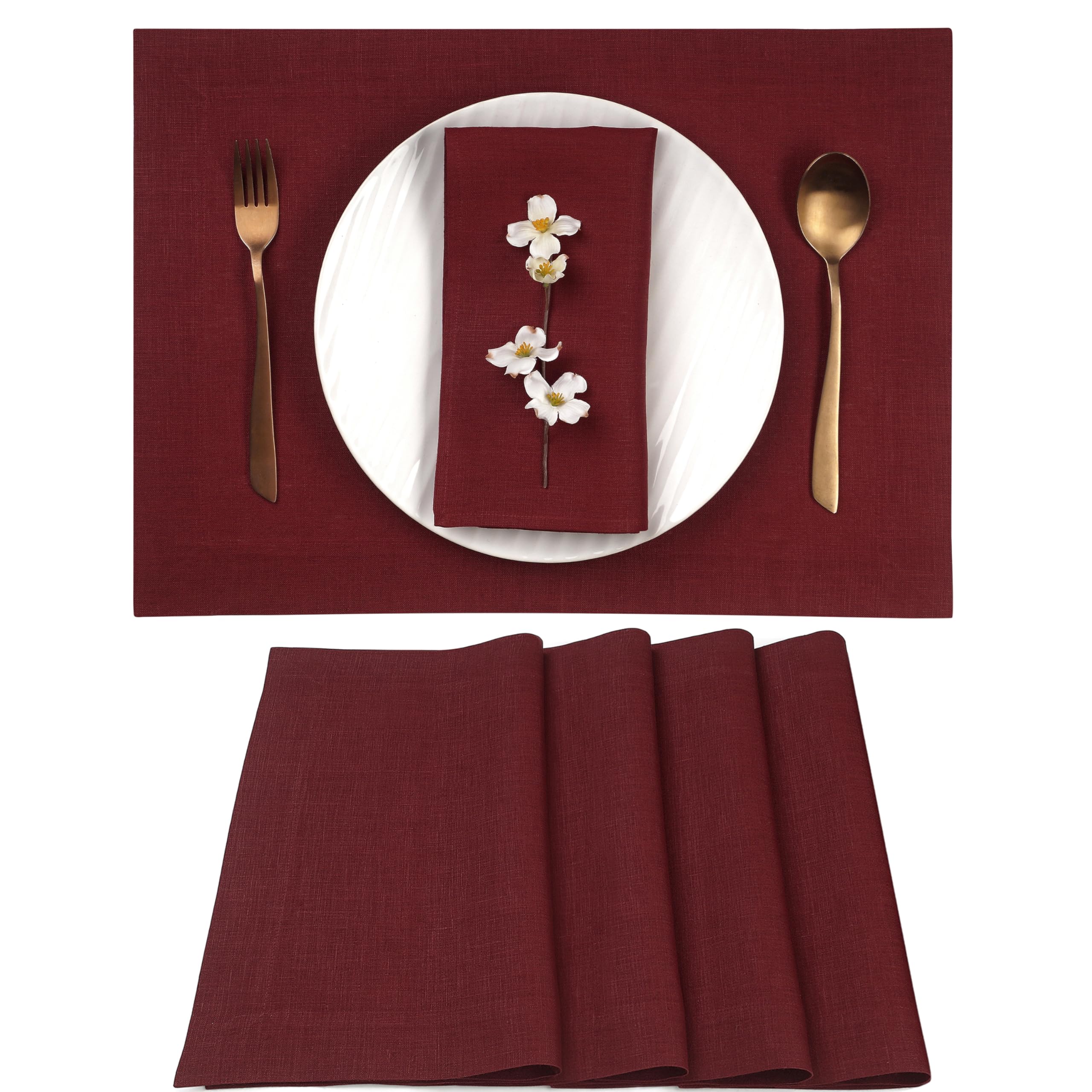 D'Moksha Homes Linen Placemats Set of 4-100% Pure Linen Dark Red Placemats 14 x 19 Inch - Washable Dark Red Placemats — image 1