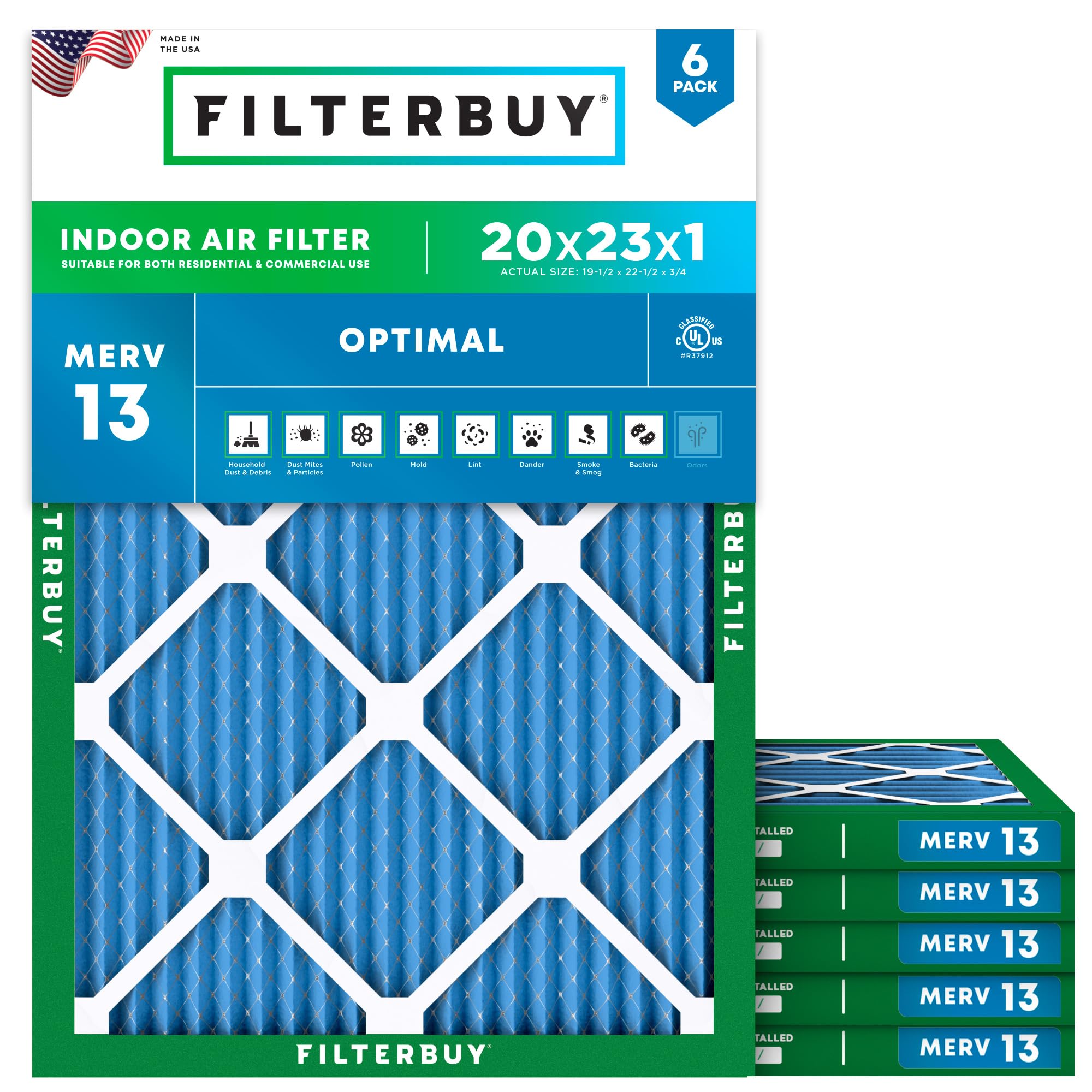 Filterbuy 20x23x1 Air Filter MERV 13 (MPR 1900) Health Defense Replacement (6-Pack), Electrostatic Pleated HVAC AC Furnace Filters, Made in USA (Actual Size: 19.50 x 22.50 x 0.75) Image