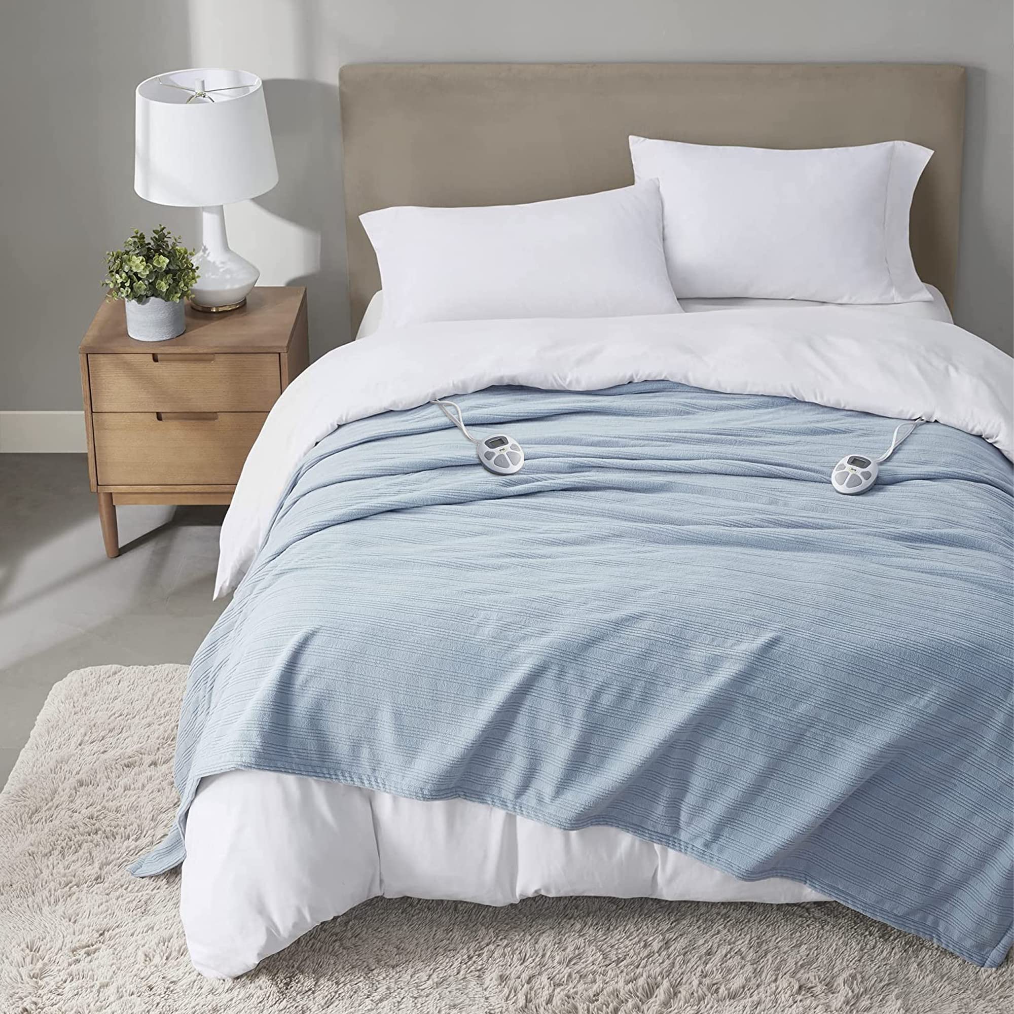 Serta Travis Fleece Ultra Soft Tri-Rib Textured Electric Blanket, Cozy and Snuggly Cover Fast Heating for Cold Weather, Auto Shut Off, Multi Heat Setting Controller, King, Dusty Blue