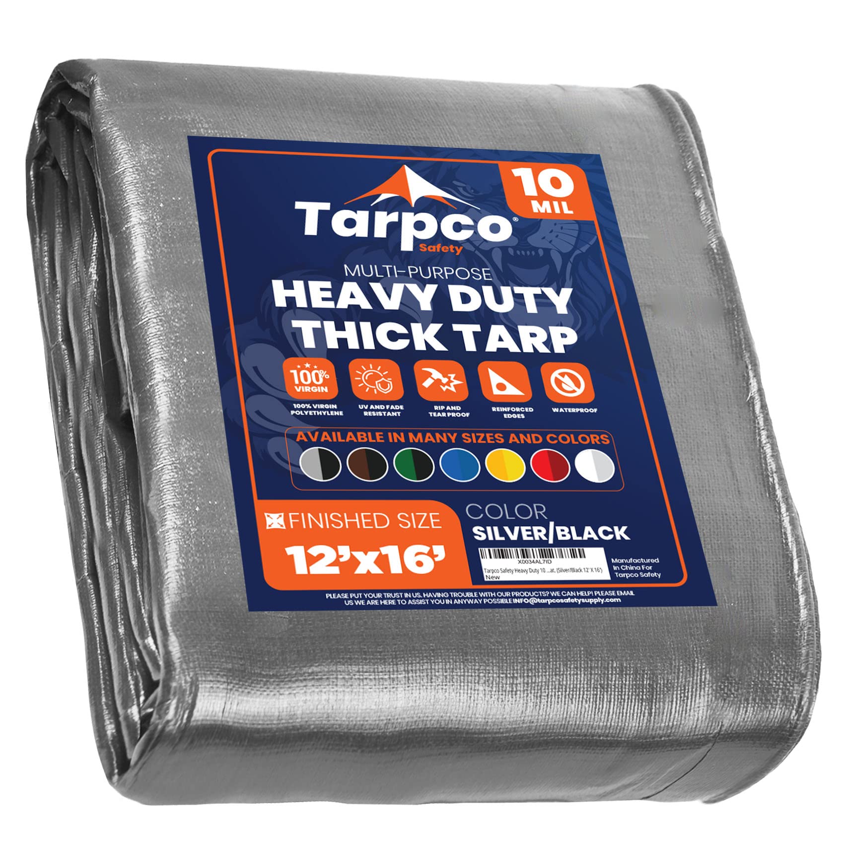 Tarpco Safety Heavy Duty 10 Mil Tarp Cover, Waterproof, UV Resistant, Rip and Tear Proof, Poly Tarpaulin with Reinforced Edges for Camping, Roof, Patio, Pool, Boat. (Silver/Black 12′ X 16′) Image