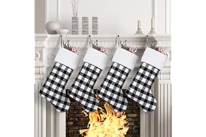 ELEGANTPARK Plaid Christmas Stockings 4 Pack White and Black Large Check Christmas Stockings with Fur Buffalo Christmas Stockings for Family Kids Xmas Stockings Fireplace Holiday Party Decorations