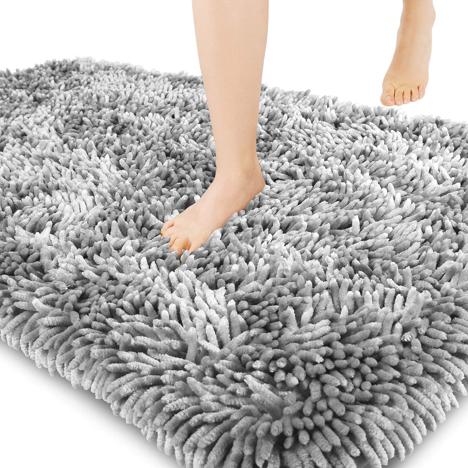 Yimobra Luxury Chenille Bath Mat, Extra Soft and Absorbent Shaggy Bathroom mats Non Slip, Machine Washble Dry, Plush Floor Carpet for Tub, Shower, and Bath Room, 43 x 61 cm, Light Gray