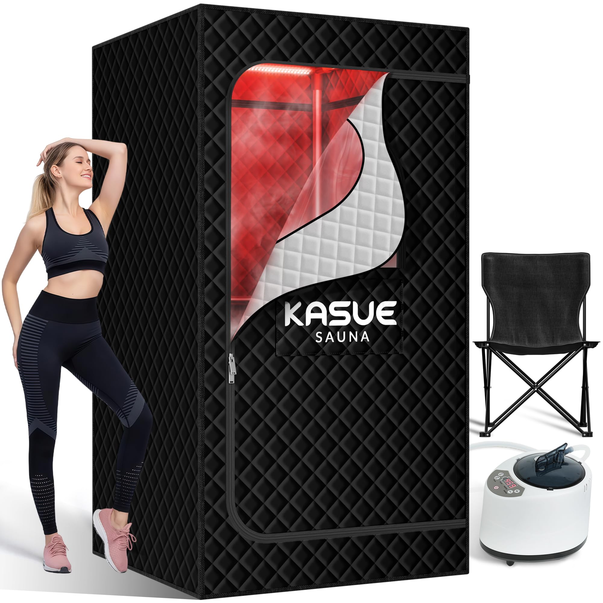 Photo 1 of KASUE Portable Infrared Sauna Box for Home, 5-Layer Waterproof, XL Steamer, Folding Chair, Steam Sauna Tent for Steam Detox Relaxation Spa, Indoor & Outdoor (Black)