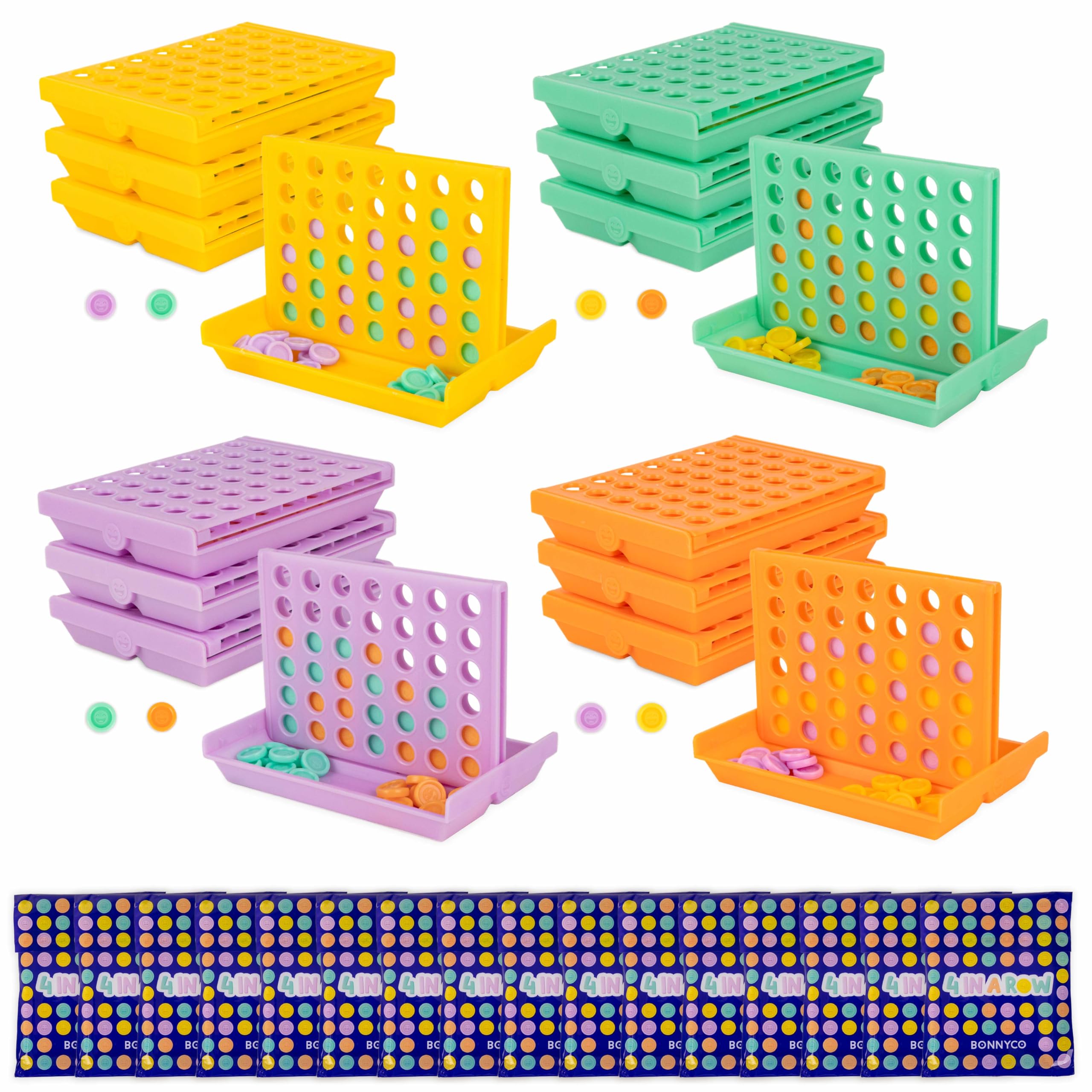 BONNYCO 4 in a Row Pack of 16 Party Bag Fillers for Kids Age 3-12. Mini Travel Toys, Birthday Party Favours, Classroom Rewards for Primary Pupils, Stocking Fillers