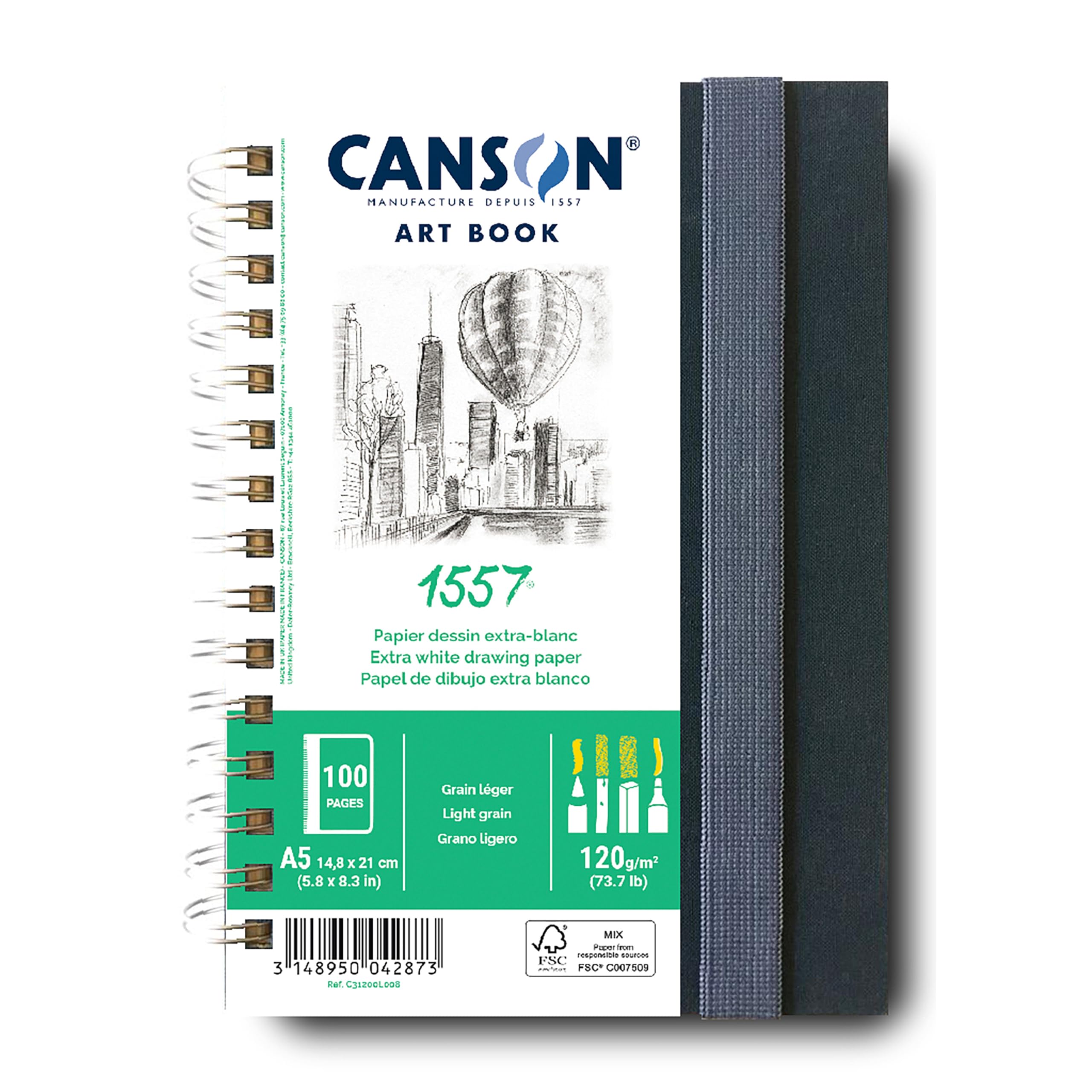 CANSON Professional Art Book, Fine Grain Drawing 1557 Paper, 120gsm, A5 Spiral Portrait Notebook, 50 White Sheets, For Professional Artists & Students