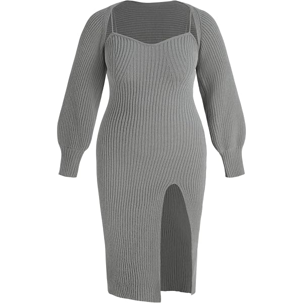 SOLY HUX Women's Plus Size Knitted Sweater Dress - Long Sleeve, Half Button Collar, Bodycon Mini Dress, Fall Winter Outfit - View #3