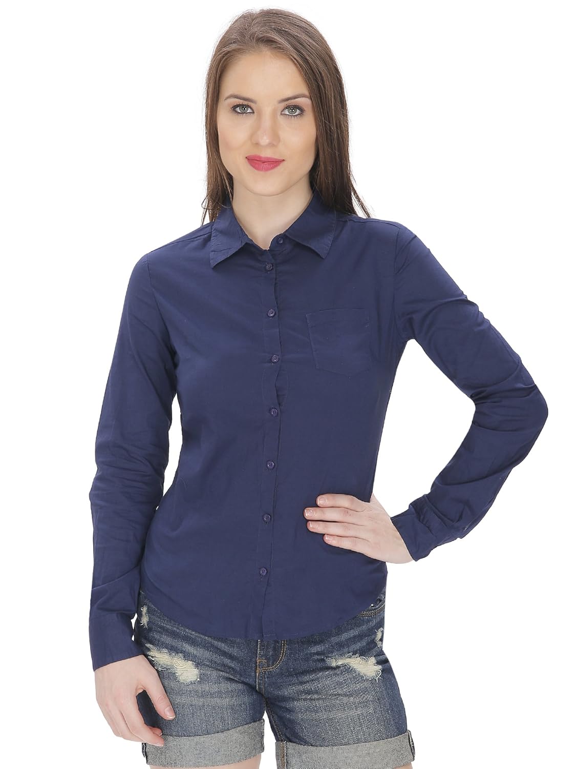 mansicollections solid formal dark blue shirt for women