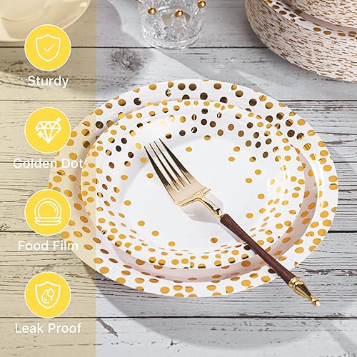 Lullaby 200PCS White Paper Plates, Disposable White and Gold Paper Plates,  100pcs Dinner Plates 9