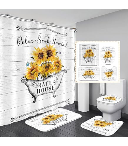 Ikfashoni Juego De 4 Cortinas De Ducha De Girasol Con Alfombras Cubierta De Tapa De Inodoro Cortina De Ducha De Mariposa Azul Con 12 Ganchos