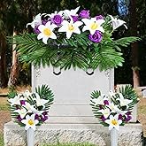 FineCheer 3 Pcs Artificial Cemetery Flower Set, Cemetery Grave Flowers Saddle Memorial Rose and Lily Bouquets with Vase 1 Saddle and 2 Memorial Bouquets for Veterans Day Outdoor Headstone Decor