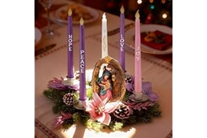 ElectricWise Christmas Advent Wreath Candle Holder, Purple Pink Advent Wreath w/Nativity Scene Figurine & 5 Flameless Taper Candles, for Holiday Table Centerpiece Decorations(Manger Style)