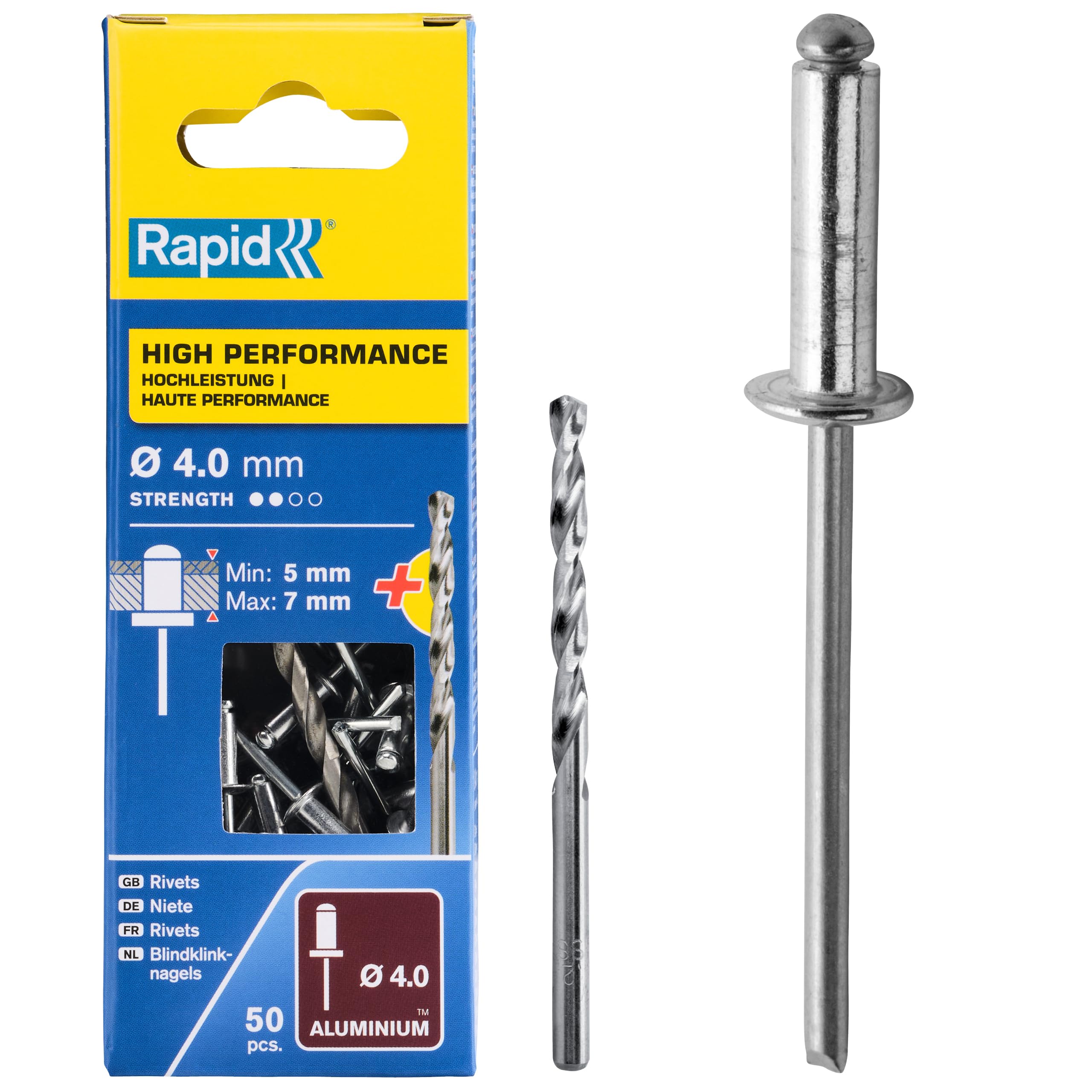 Rapid High Performance Aluminium Rivets, Ø4 x 10 mm - 4mm Rivets for Mudguards, Metal and Plastic Covering, Signage, and Metal Sheeting - Includes Drill - 50 Pieces, Carton Boxed (5001459) — image 1