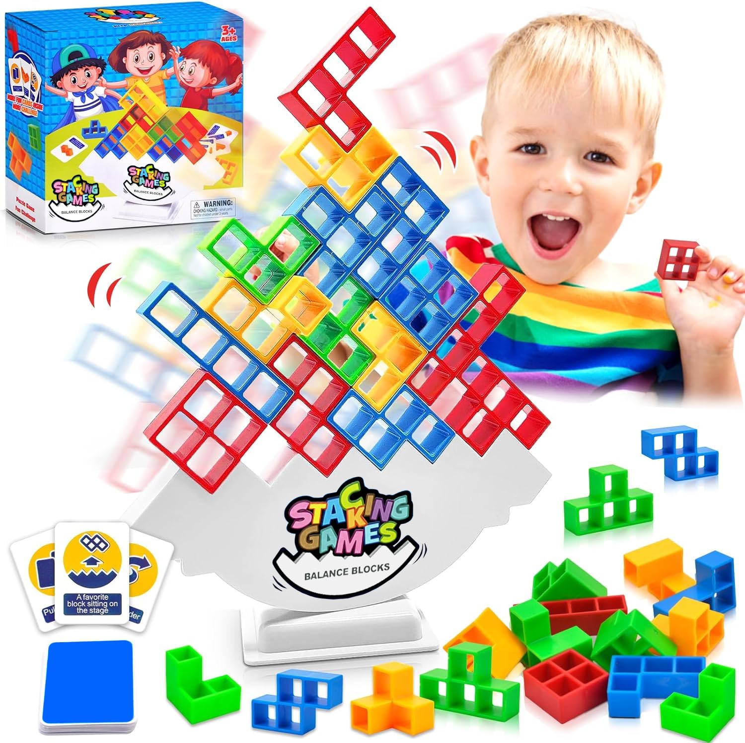 Vibbang 64 Pieces Tetra Tower, Stack Attack Tower Game, Stacking Building Blocks, Montessori Educational Toy, Board Games Gifts Adults and Children