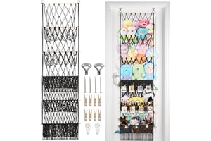 iHansee 5 Tier Stuffed Animal Storage Shelf Net, 17x61 Inch Large Plushie Net w/LED Light & Clips for Mini Medium Stuffy Teddy, Black Boho Macrame Wall Toy Holder Display for Nursery Kids Girls Boys