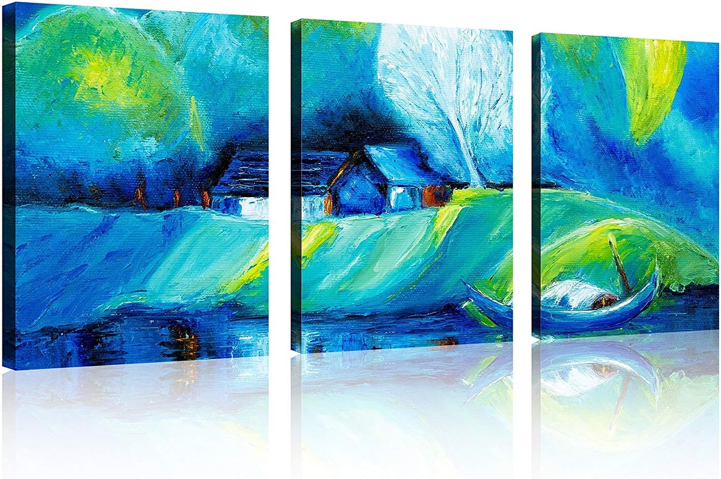 TutuBeer 3 Panel Fishing Boat and Colorful Cabin in The Forest Canvas Print, Ready to Hang 12"x16" Wooden House Canvas Art Boat Wall Art for Home Decor Labdscape The Picture for Home Decor Decoration
