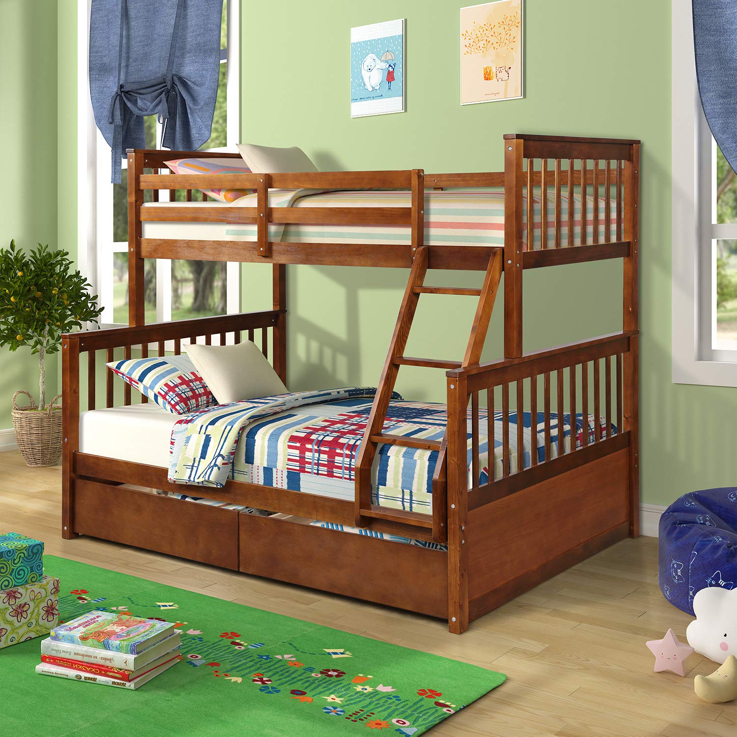 Twin-Over-Twin Bunk Bed with Storage Drawers Solid Wood Bunk Beds for Kids (Walnut)