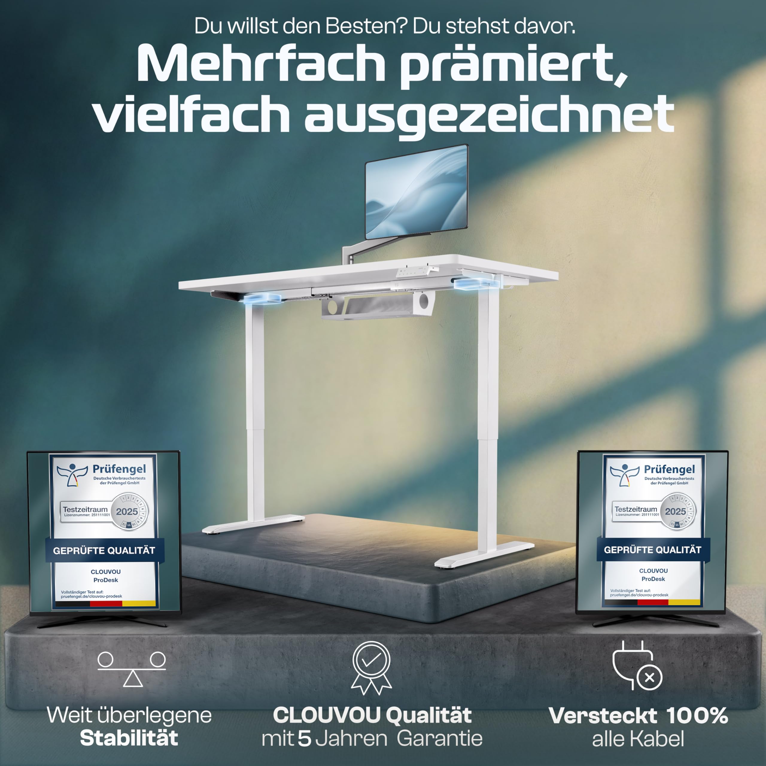 CLOUVOU ProDesk Höhenverstellbarer Schreibtisch elektrisch 160x80cm [TESTSIEGER] Dual-Motor Schreibtisch höhenverstellbar elektrisch | Elektrischer Schreibtisch mit Memory, 2X USB & Kabelversteck 2