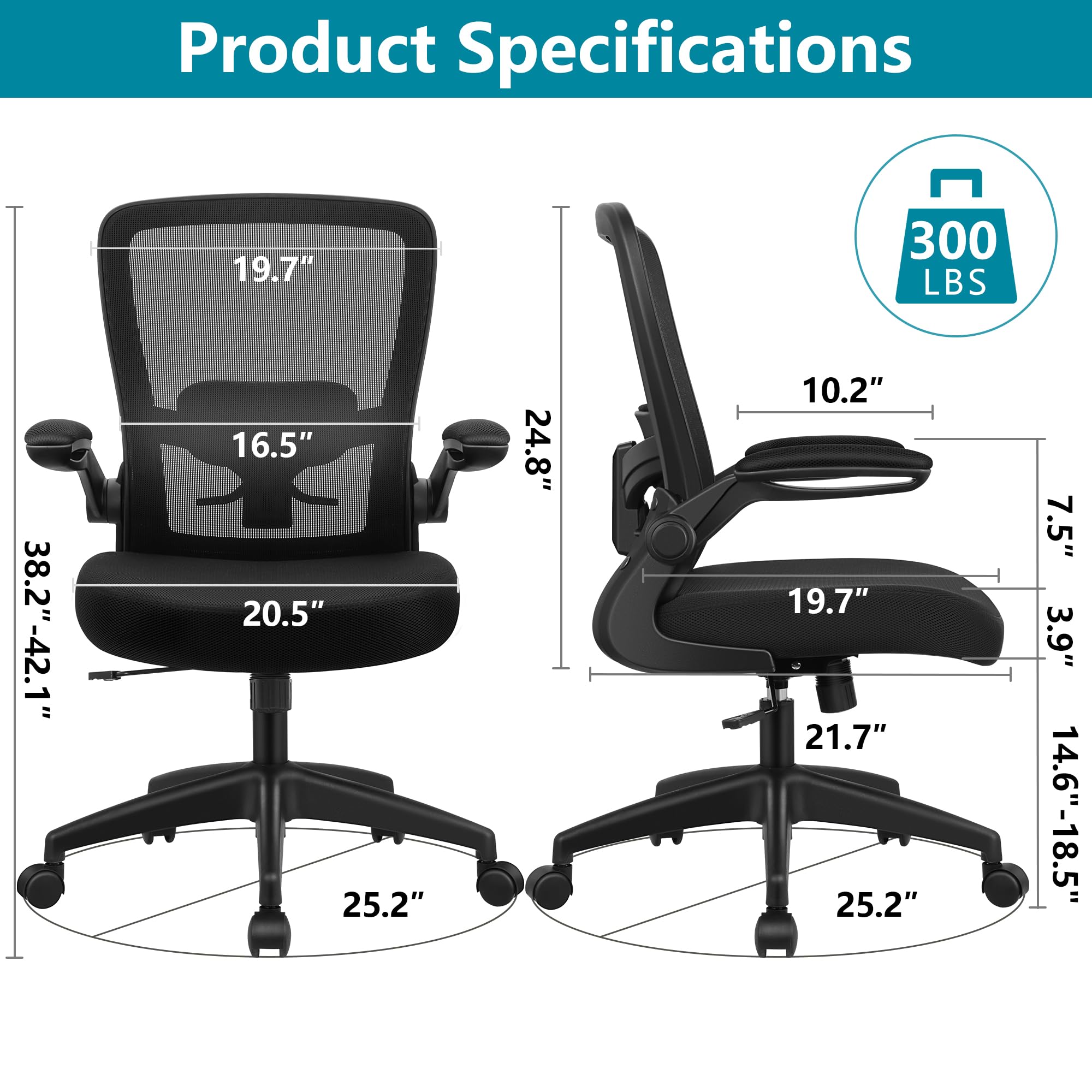 FelixKing Silla de Oficina, Silla de Escritorio Ergonómica Sillas de Malla Transpirable Respaldo Alto Ajustable Soporte Lumbar Reposabrazos Abatibles, Sillas Giratorias Ejecutivas Cómodas para Computadora Oficina en Casa Negro