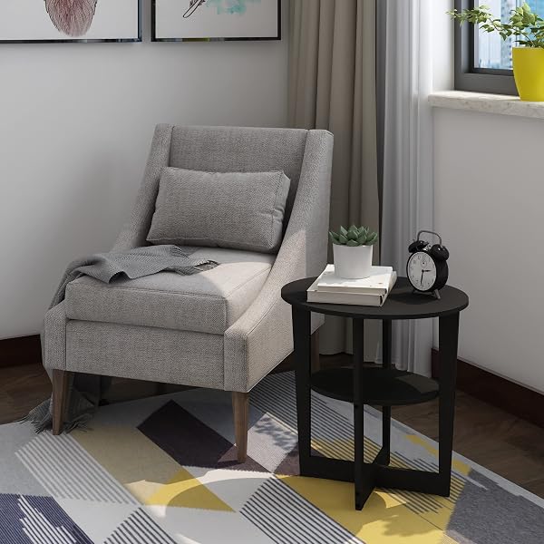 FURINNO JAYA SIDE TABLE SET OF 2, 2-TIER ROUND MODERN END TABLE WITH OVAL TABLETOP, NIGHT STAND, BEDSIDE TABLE WITH OPEN SHELF, FOR LIVING ROOM, BEDROOM, WALNUT