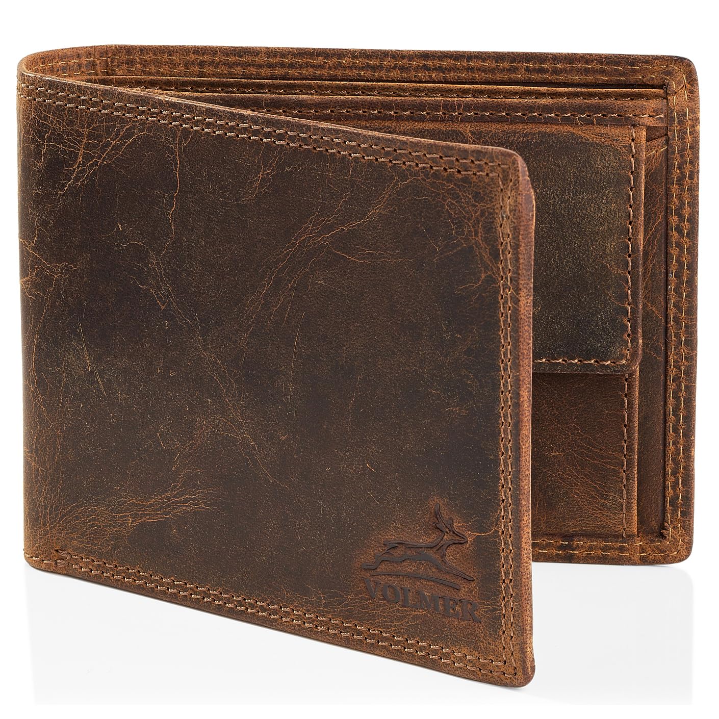 Fa.Volmer® Men's Leather Wallet Brown/Black with RFID Protection Real Leather Wallet Used Look # VO19 (Brown)