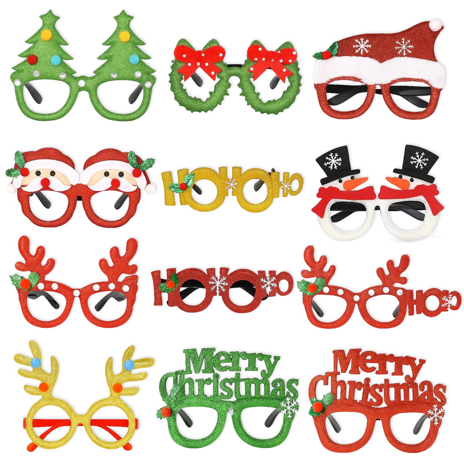 12 Christmas Glasses Frame Glitter, Set of 12 Assorted Designs, Festive Costume Creative Party Eyewear for Christmas Gatherings, Photo Props and Cosplay Accessories