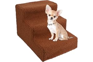 yofit Doggy Steps - Non-Slip 3 Steps Pet Stairs for Cats and Dogs, Foldable Plastic with Washable Carpet Holds Up to 50 lbs (Brown)