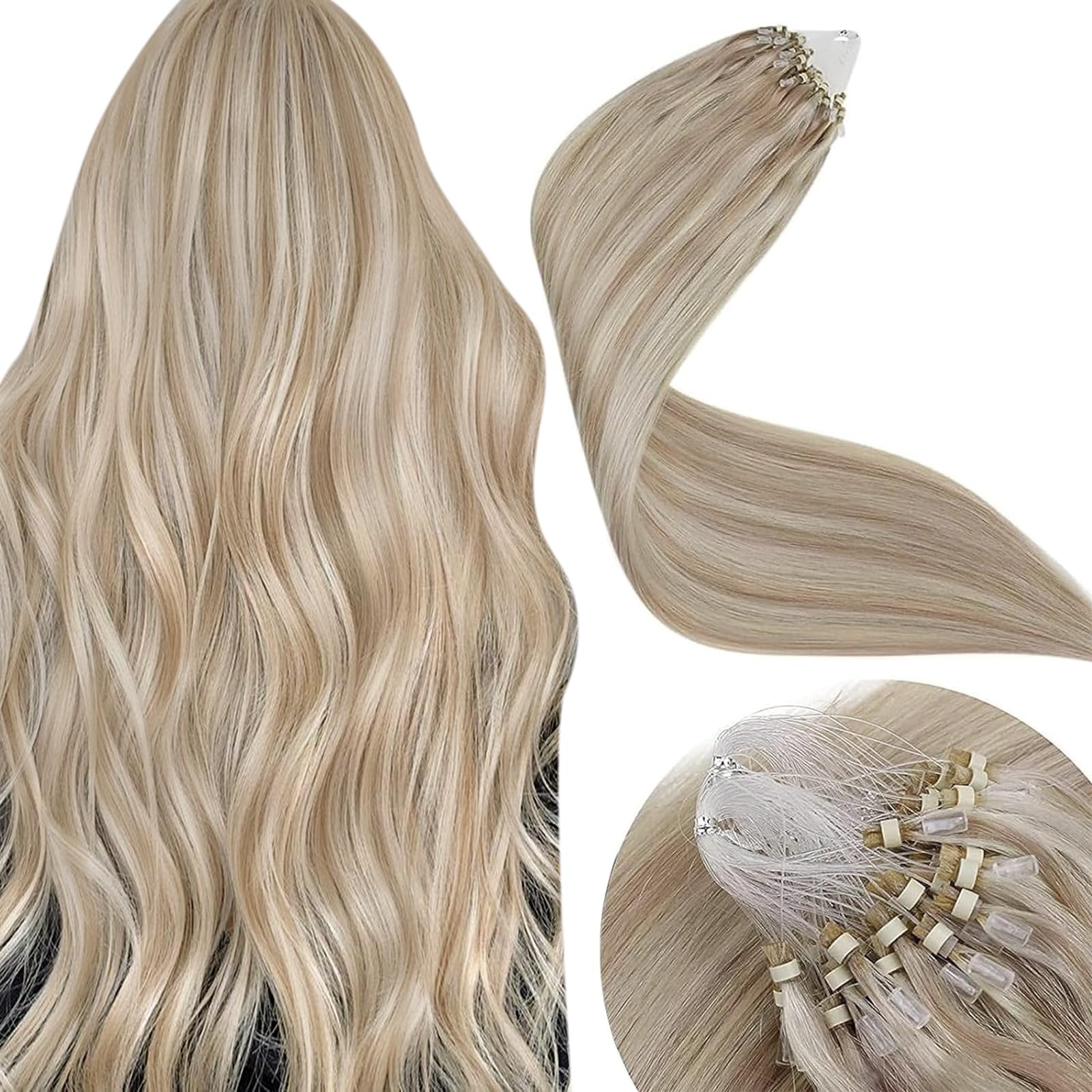 LaaVoo Micro Ring Hair Extensions 18 Inch Real Human Hair Blonde Remy Straight Highlight Ash Blonde & Platinum Blonde Invisible Micro Beads Hair Extensions 50g 50s #18/613 — image 1