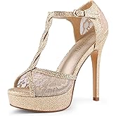 MERUMOTE Women's Peep Toe Platform 5 inch Stiletto Heels Ankle Strap Lace Heels Sexy Prom Shoes