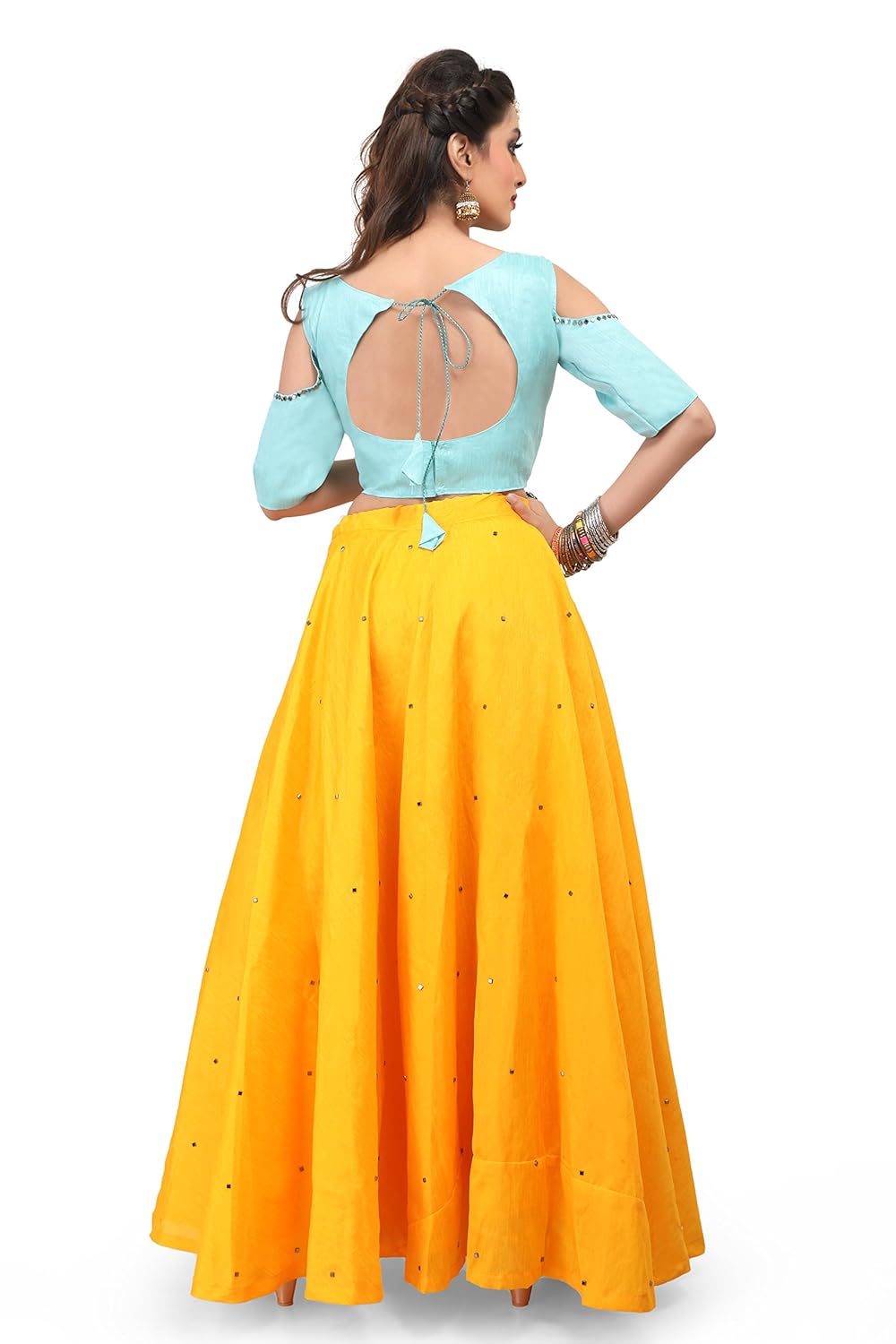 voolka yellow and turquoise women fully stitched lehenga choli with mirror