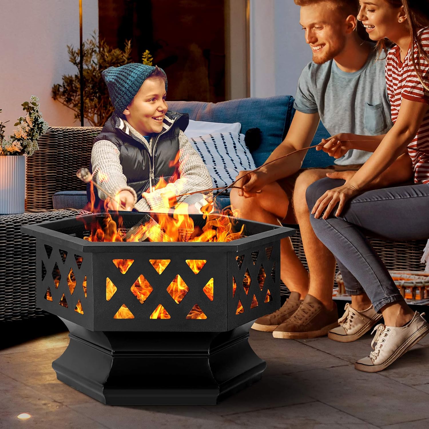 Amagabeli Fire Pit Outdoor Wood Burning Firepit Firebowl Fireplace Poker Spark Screen Retardant Mesh Lid Extra Deep Large Square Outside Backyard Deck Heavy Duty Metal Grate Rustproof Black : Garden & Outdoor