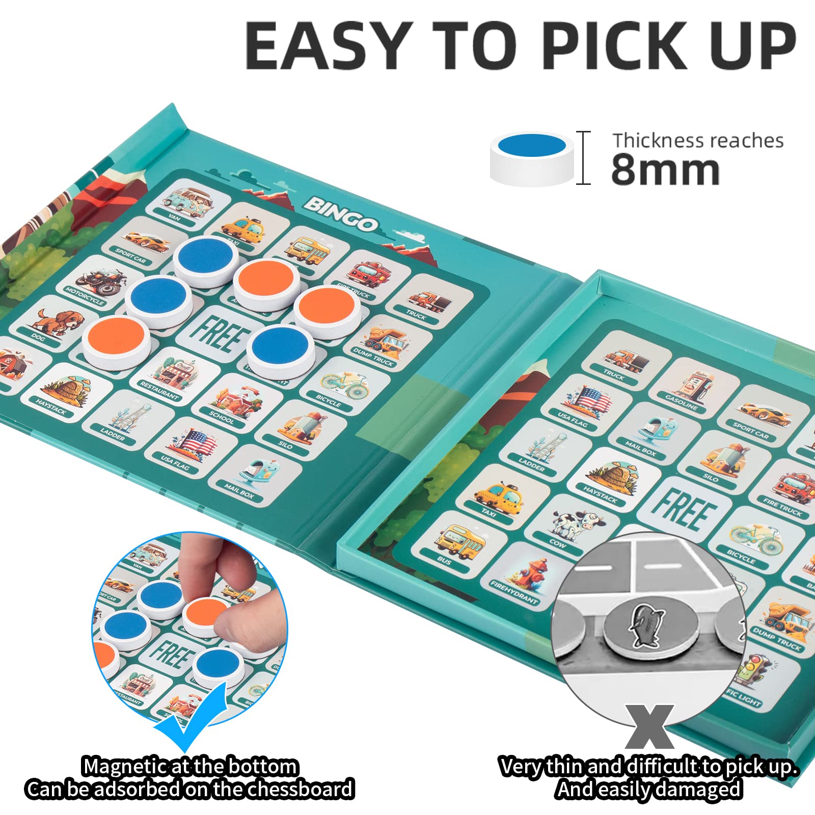 Magnetic Travel Bingo Game for Kids Ages 4-8 | Road Trip Essentials & Educational Board Game | Reusable Hunt and Seek Card with 20 Magnetic Pieces