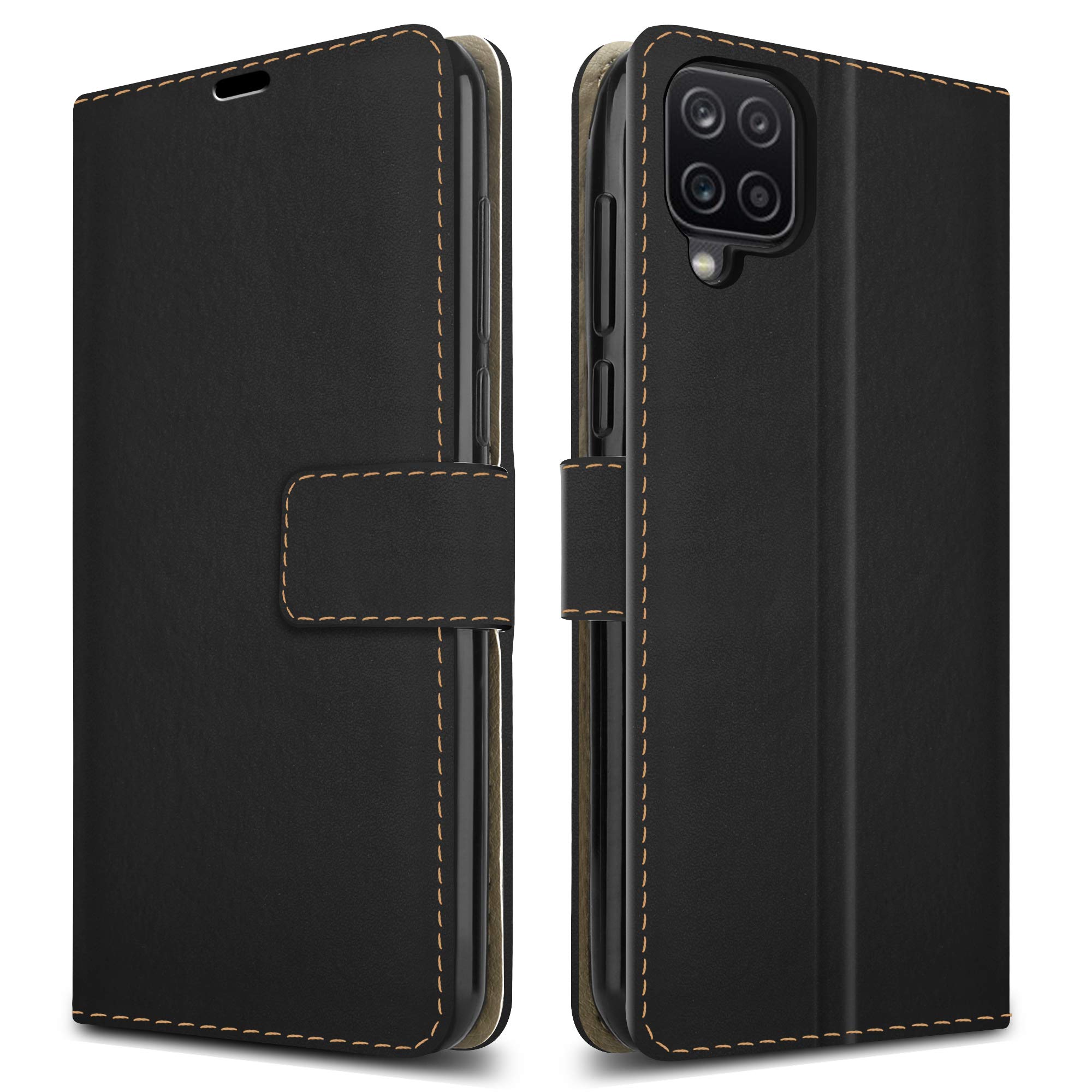 PIXFAB For Samsung Galaxy A12 Leather Phone Case, Magnetic Closure Full Protection Book Folio Design, Wallet Case Cover [Card Slots] and [Kickstand] For Samsung Galaxy A12 SM-A125F (6.5") - Black