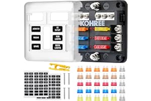 Kohree 6 Way 12V Blade Fuse Block 12 Volt Waterproof Fuse Box Holder with 30 PCS Fuses, 6 Circuit W/Negative Bus Fuse Box wit