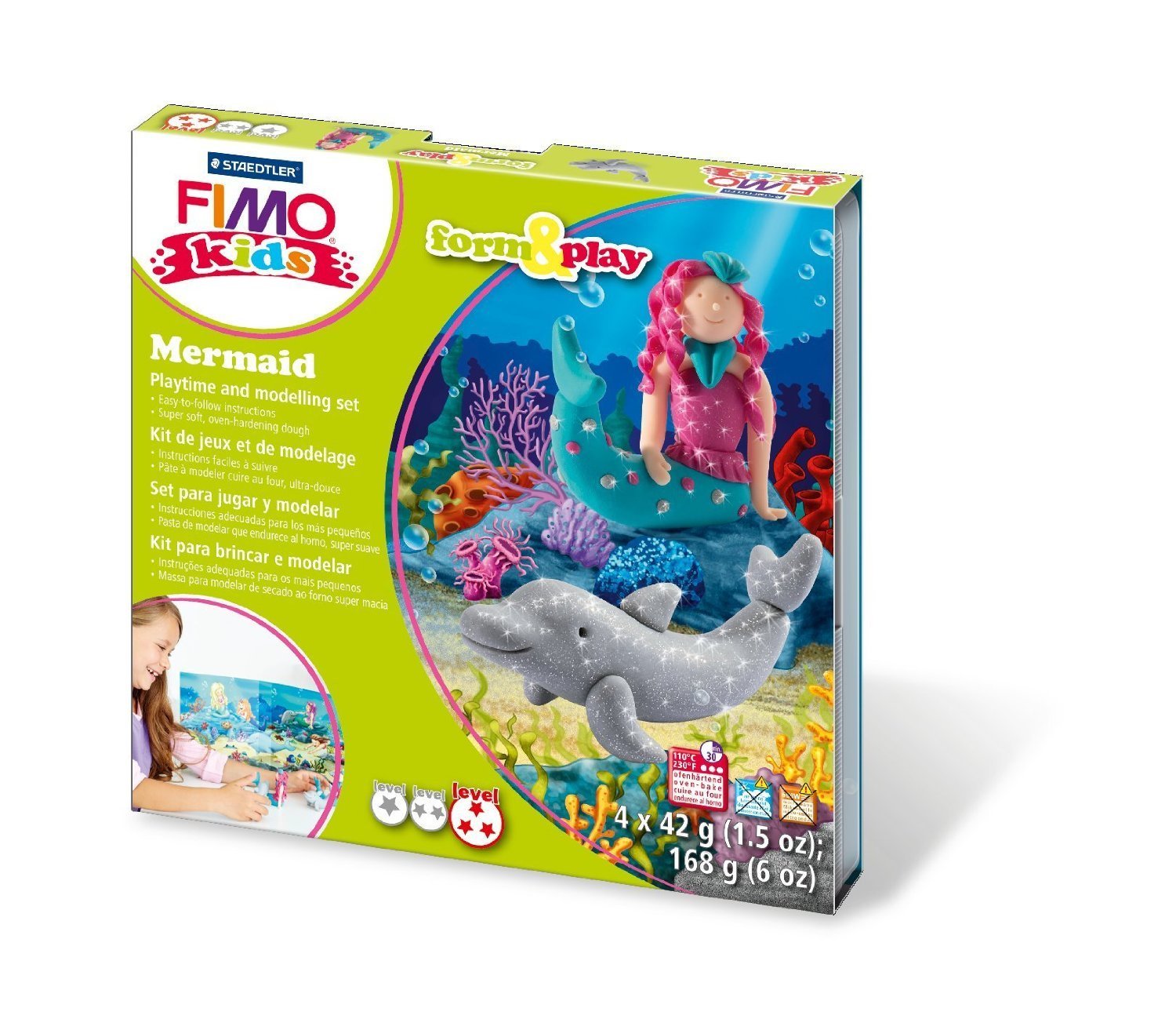 Staedtler 8034 12 LY Fimo Kids Shape & Play Set Mermaid (Super Soft, Oven Hardening Clay, Easy Instructions, Resealable Box, Set of 4 Fimo Blocks, 1 Modelling Stick and 1 Play Backdrop)