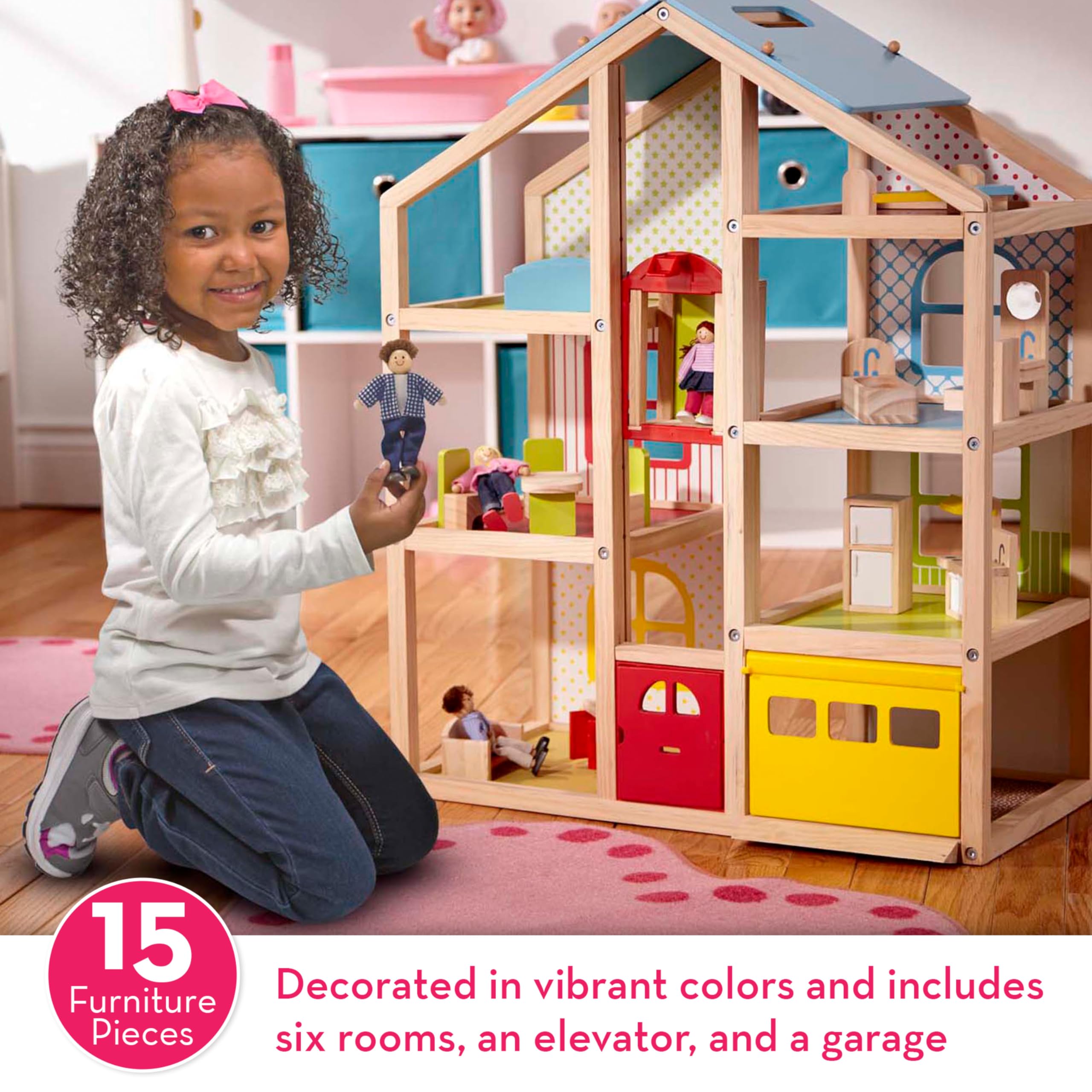 Melissa & Doug Hi-Rise Wooden Dollhouse with 15 pcs Furniture - Garage and Working Elevator