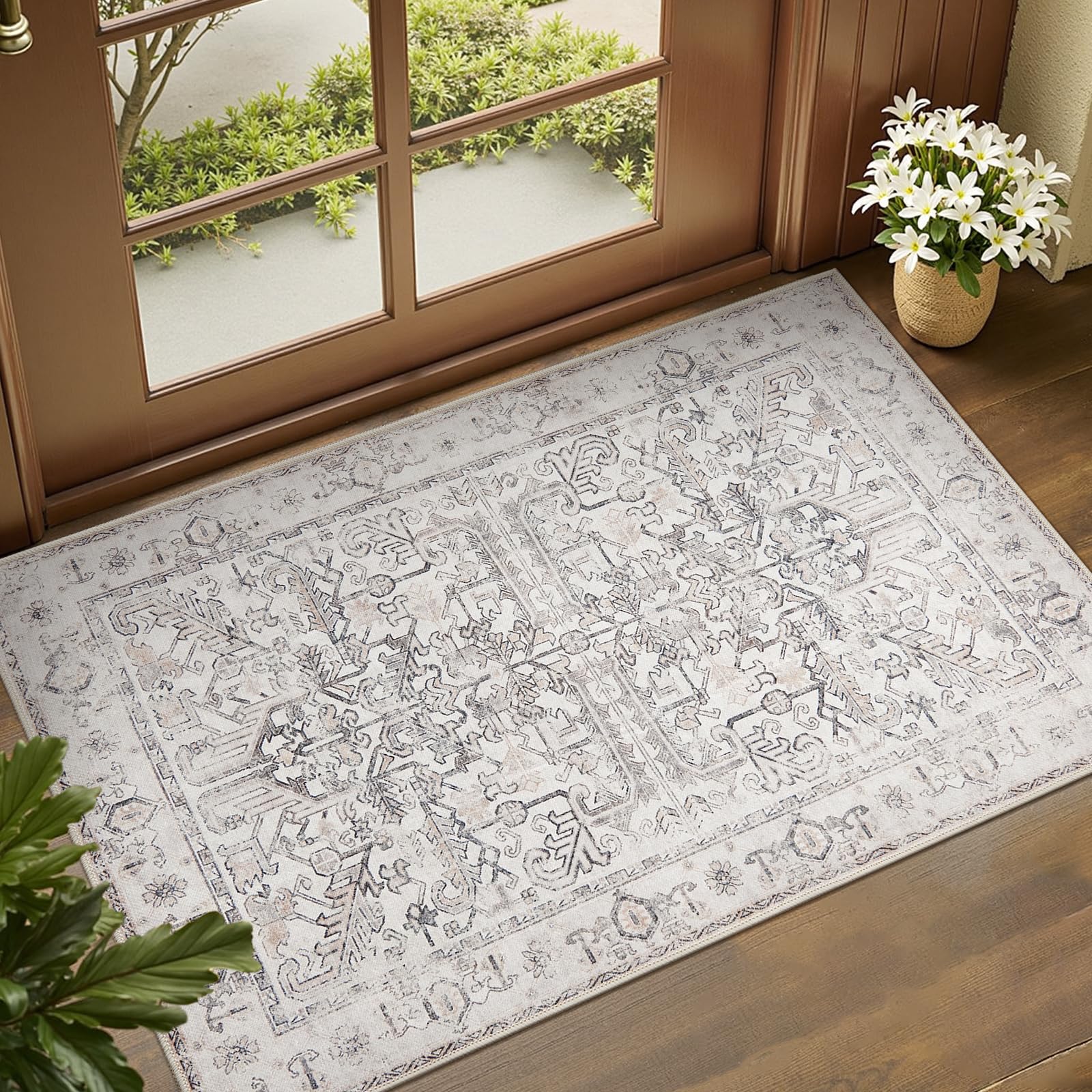 Photo 1 of jinchan 2x3 Entryway Washable Rug - Non-Slip Indoor Distressed Doormat Small Rug Low Pile Ultra-Thin Accent Floral Print Indoor Mat for Entrance Kitchen Bathroom Bedroom (2x3ft,Taupe)