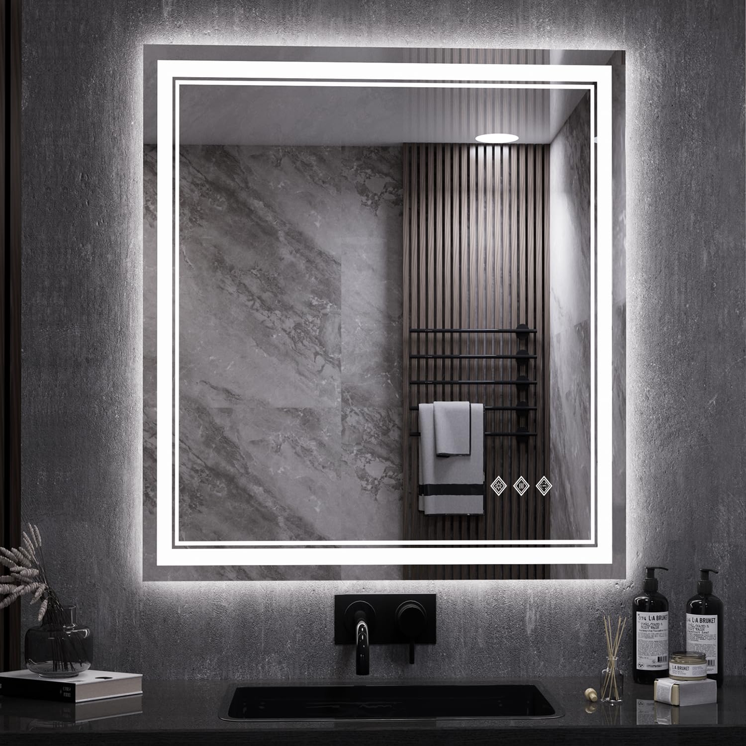 VanPokins LED Bathroom Mirror, 28x32 Inch Gradient Front and Backlit LED Vanity Mirror, 3 Colors Dimmable CRI>90 Double Lights, IP54 Enhanced Anti-Fog, Hanging Plates Wall Mount Backlit Mirror Image