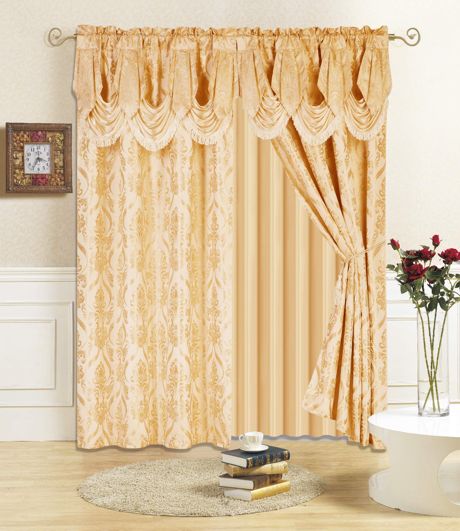 All American Collection New 4 Piece Drape Set with Attached Valance and Sheer with 2 Tie Backs Included (63" Length, Gold) Image