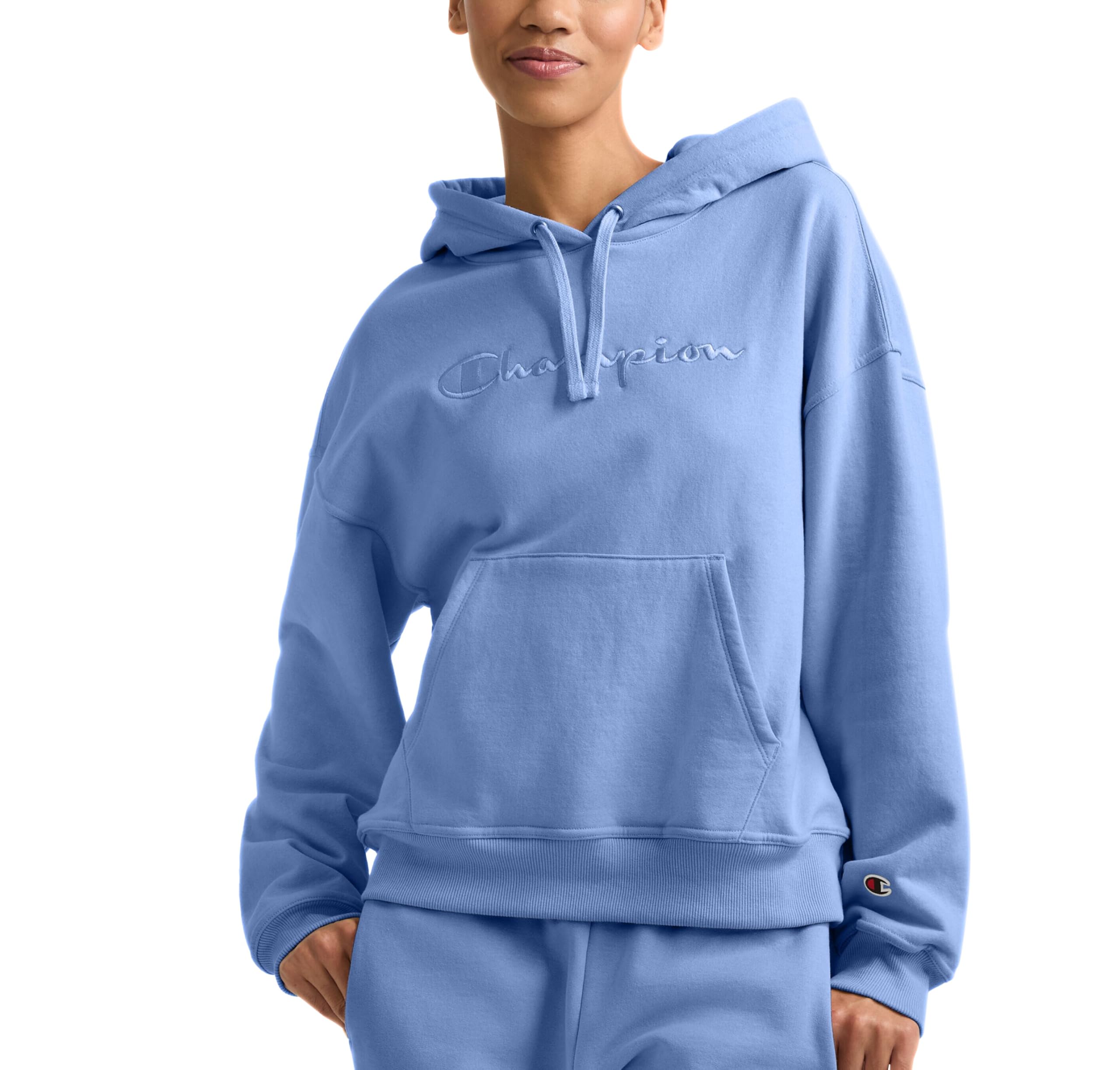 Champion Women's Midweight Hoodie, Relaxed, Full Embroidered Script Logo, Pewter Blue, X-Small Image Champion Women's Midweight Hoodie, Relaxed, Full Embroidered Script Logo, Pewter Blue, X-Small Image