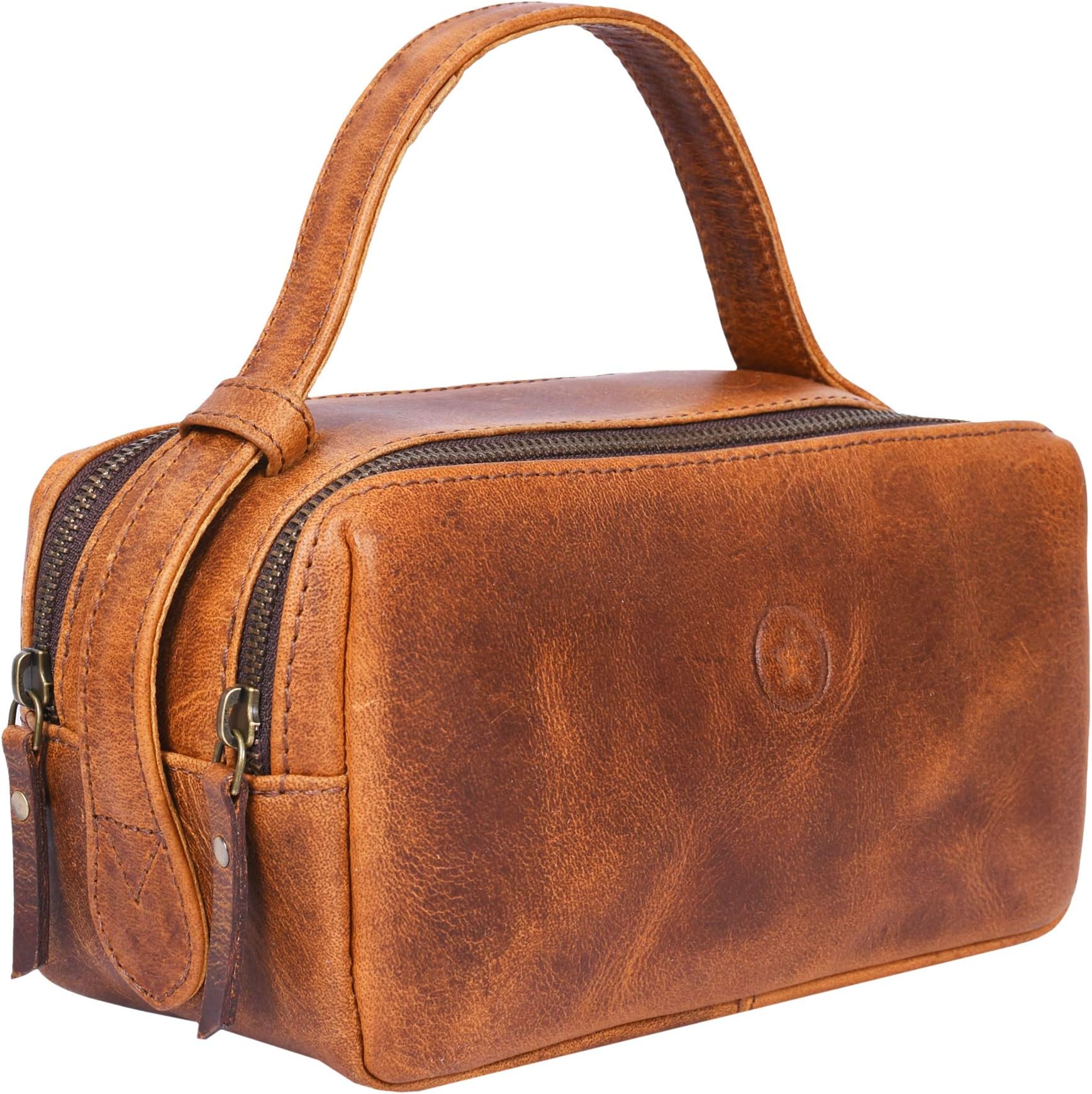 Leather Toiletry Bag for Men Dual Zipper with Handle and 2 Compartment